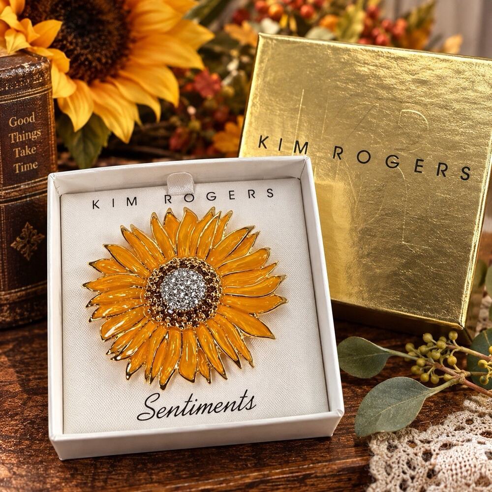 Kim Rogers Sentiments Sunflower Brooch Enamel Rhinestone Gold Tone Boxed